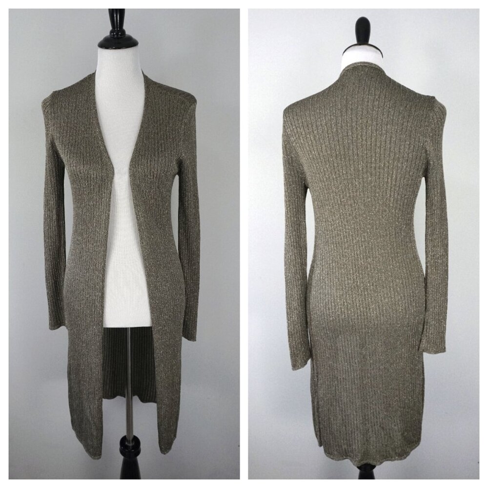 Chicos Military Green Silver Metallic Open Front Cardigan Sweater 0 US Small 4